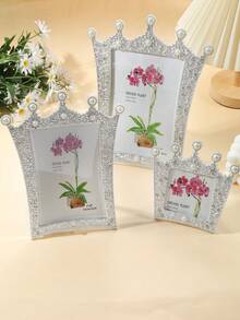 1pc Crown Shaped Photo Frame Inlaid With Faux Pearl And Rhinestone, Holds 3", 6", 7" Photos, Suitable For Room Decor, Home Decor, Halloween Decor (Photo Paper Shipped Randomly) - Silver With Pearls and Rhinestones - View 2