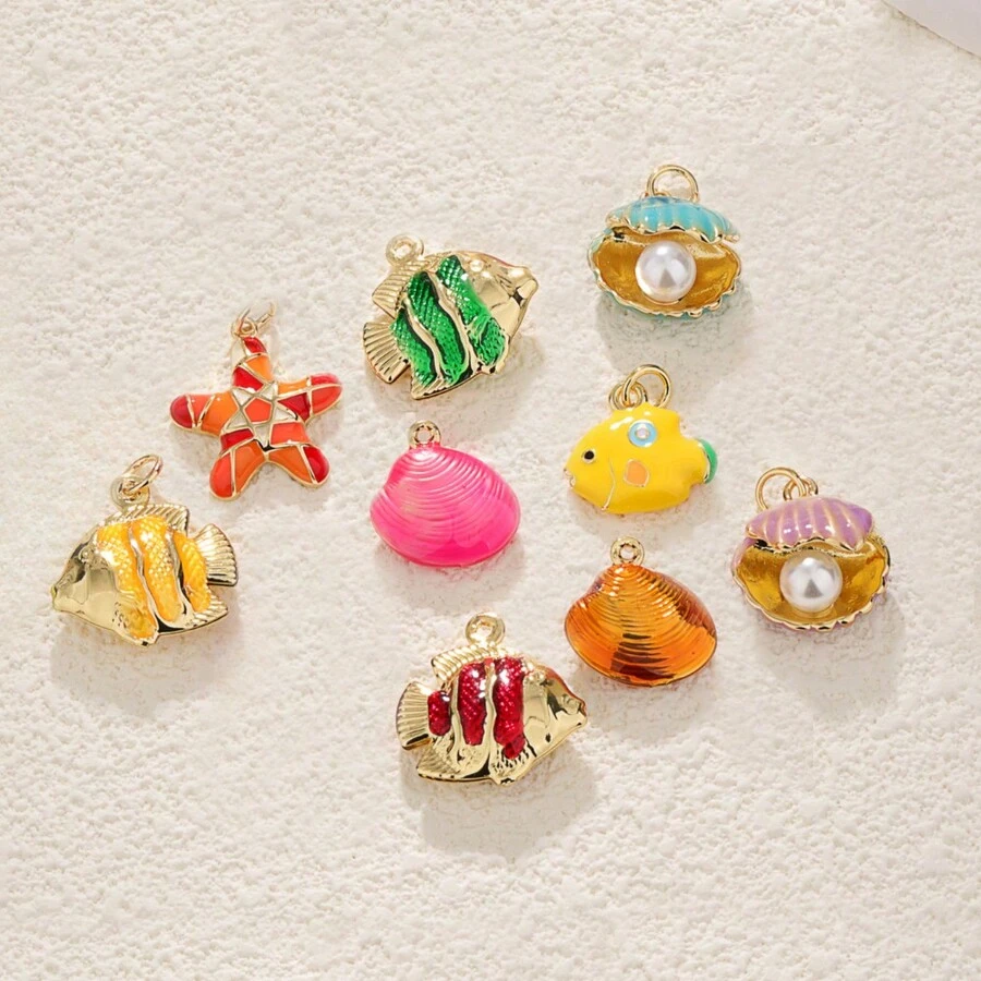 1 件海洋海滩系列 DIY 配件海星贝壳金鱼美人鱼尾巴铜镀油滴吊坠 - 多色 - 查看 1