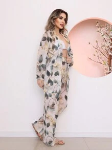 Women's Beach Blouse And Pants Set, Printed Tulle Beach Cover-Up - Màu be - Xem 3