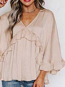 Boho Retro Vintage  90's Khaki Beige Apricot Ruffle V Neck Half Sleeve Loose Top Shirt Blouse - Apricot - View 3