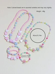 6pcs/Set Girls Cute Butterfly & Heart Beaded Necklace & Bracelet Jewelry Set, Assorted Color Gift For Party, Birthday, Festival