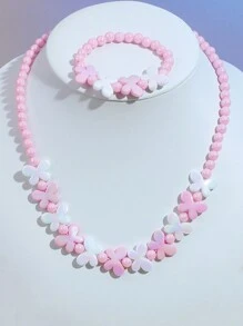 6pcs/Set Girls Cute Butterfly & Heart Beaded Necklace & Bracelet Jewelry Set, Assorted Color Gift For Party, Birthday, Festival