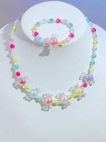 6pcs/Set Girls Cute Butterfly & Heart Beaded Necklace & Bracelet Jewelry Set, Assorted Color Gift For Party, Birthday, Festival