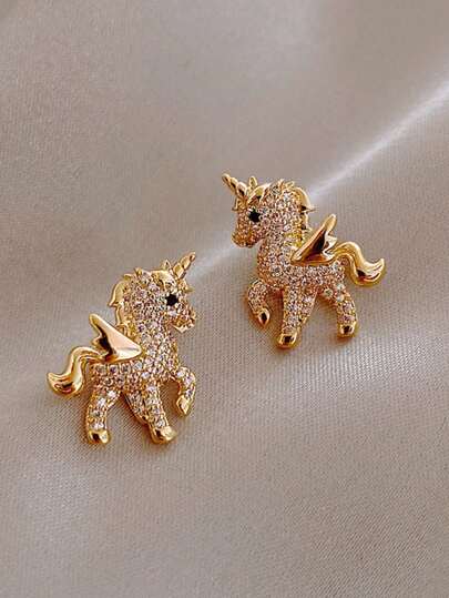 1 Pair Fashionable Cute Golden Rhinestone Unicorn Earrings, Birthday, Christmas, Graduation Gift, New Arrival