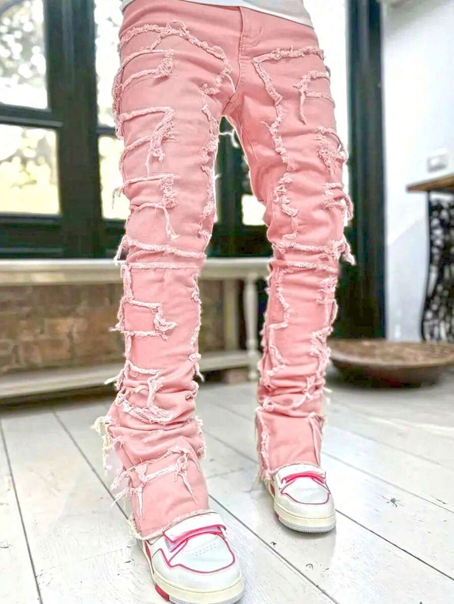 Pantalones vaqueros informales con dobladillo deshilachado para niños adolescentes - Rosa - Ver 1