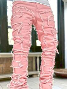 Pantalones vaqueros informales con dobladillo deshilachado para niños adolescentes - Rosa - Ver 3