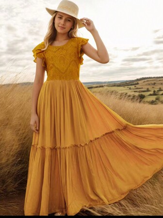 Vestido de niña preadolescente de unicolor con dobladillo de volantes y adorno de encaje