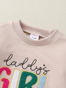 女婴柔软舒适渐变色甜美可爱刺绣字母标语休闲连体衣，夏季 - 杏色 - 查看 3