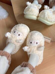 毛绒粉色拖鞋，配可爱绵羊卡通动物耳朵，平底软底女士室内拖鞋，冬季保暖毛绒一脚蹬拖鞋，舒适的家居鞋 - 白色 - 查看 8