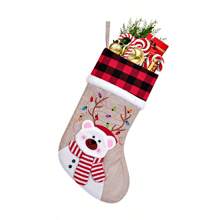 Tất Giáng sinh - Thân bằng vải lanh họa tiết kẻ caro đen và đỏ, có thiết kế 3D hình ông già Noel/người tuyết/tuần lộc/gấu bắc cực, trang trí tường nhà ngày lễ Giáng sinh, đồ trang trí treo cây thông Noel, tất quà tặng, Giáng sinh - Vải lanh giả màu vàng - Xem 13