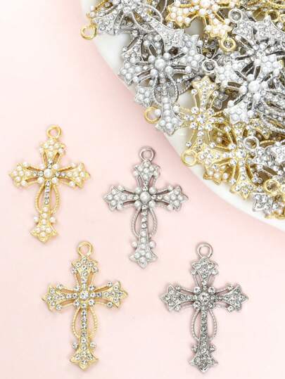 10pcs Baroque Lolita Style Cross Charms With Rhinestones & Faux Pearls Exquisite Shiny Zinc Alloy Pendants For DIY Necklace, Earrings, Keychain And Clothes Decorations Religious Men Women Jewelry Accessories - Perfect For Any Occasions