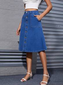 Elegant Women's Mid-Length Denim Skirt, Suitable For All Seasons - Dark Wash - View 6