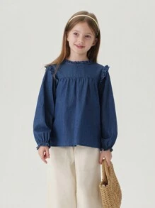 MARC&JANIE 年轻女孩甜美荷叶边领长袖牛仔衬衫，秋季