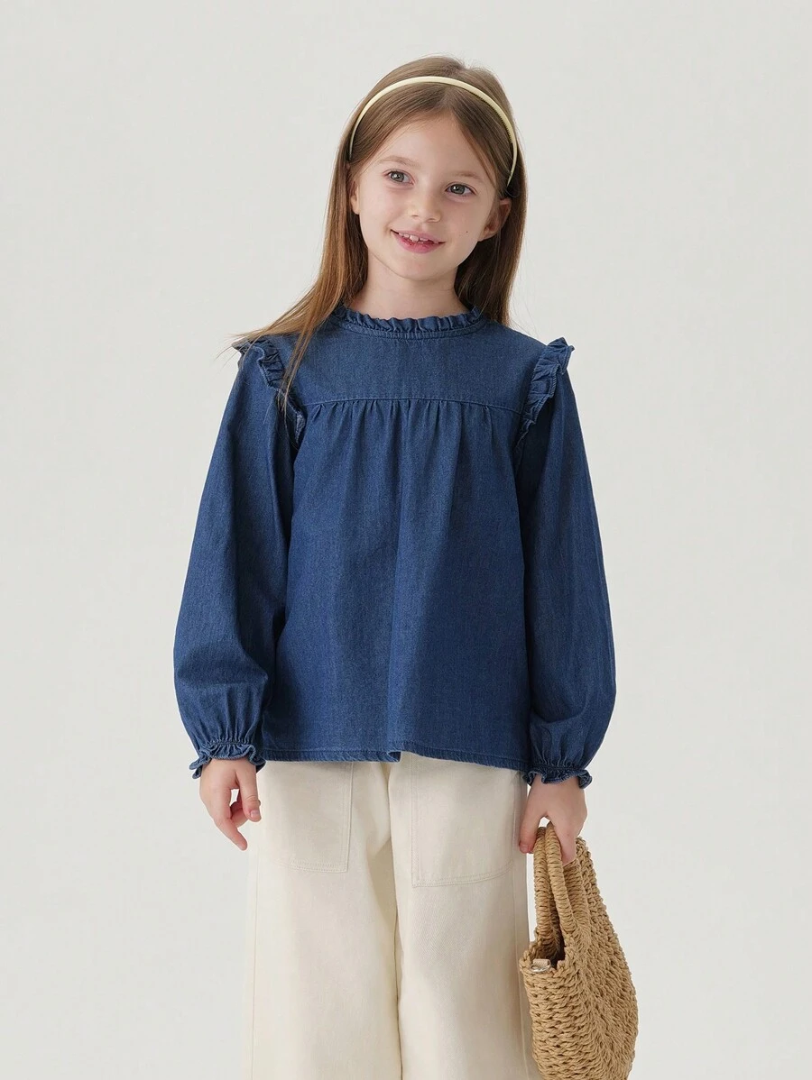 MARC&JANIE 年轻女孩甜美荷叶边领长袖牛仔衬衫，秋季