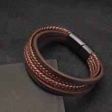 经典多层皮革手链，男士不锈钢多层虎眼石珠皮革手链，时尚配饰 - 黑色 - 查看 8