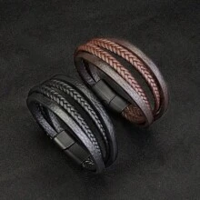 经典多层皮革手链，男士不锈钢多层虎眼石珠皮革手链，时尚配饰 - 黑色 - 查看 6