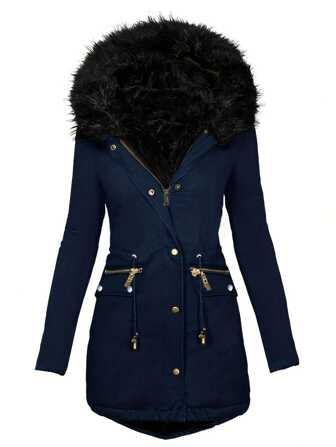 Women's Front Button Long Sleeve Hooded Coat With Pockets And Fur Collar, Autumn Winter