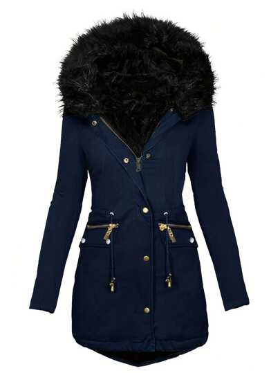 Women's Front Button Long Sleeve Hooded Coat With Pockets And Fur Collar, Autumn Winter