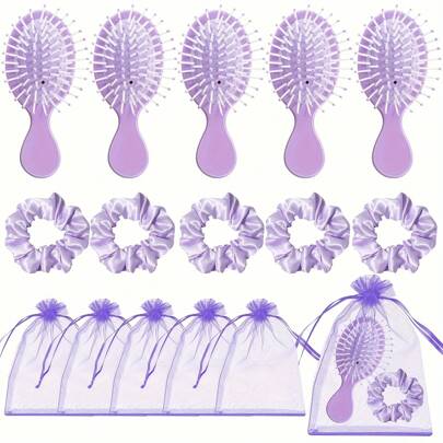 15 Pcs Hair Accessory Party Favors Set - Hair Brushes, Scrunchies, & Organza Bags For Spa, Sleepover, Makeup Themed Events - Perfect For Wedding, Bridal, Bachelorette Celebrations