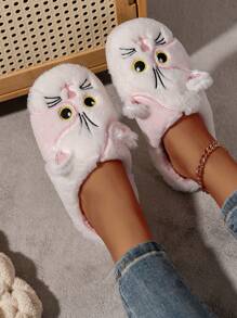 女士可爱猫咪图案室内家居舒适防滑保暖毛皮拖鞋，冬季 - 粉色 - 查看 4