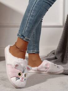 女士可爱猫咪图案室内家居舒适防滑保暖毛皮拖鞋，冬季 - 粉色 - 查看 5