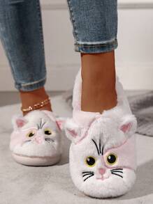 女士可爱猫咪图案室内家居舒适防滑保暖毛皮拖鞋，冬季 - 粉色 - 查看 2