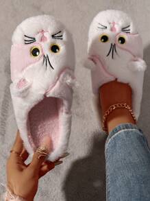 女士可爱猫咪图案室内家居舒适防滑保暖毛皮拖鞋，冬季 - 粉色 - 查看 1