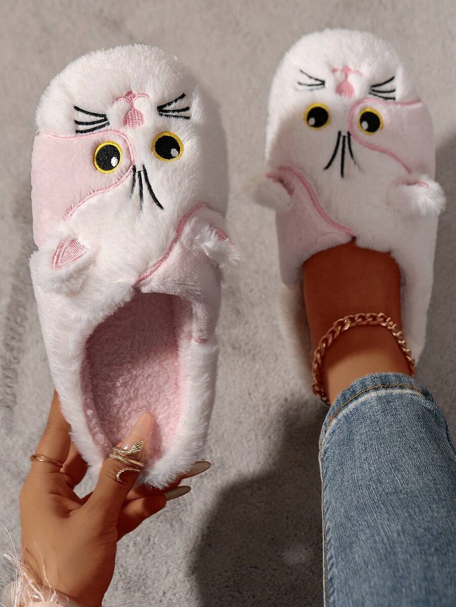 女士可爱猫咪图案室内家居舒适防滑保暖毛皮拖鞋，冬季 - 粉色 - 查看 1