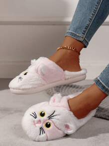 女士可爱猫咪图案室内家居舒适防滑保暖毛皮拖鞋，冬季 - 粉色 - 查看 3