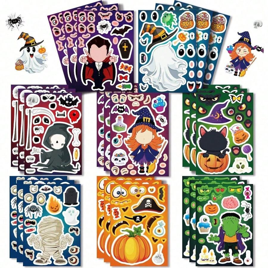8 件贴纸 - 南瓜、骷髅、蜘蛛设计拼图贴纸、DIY 贴纸、派对用品 - 彩色 - 查看 1