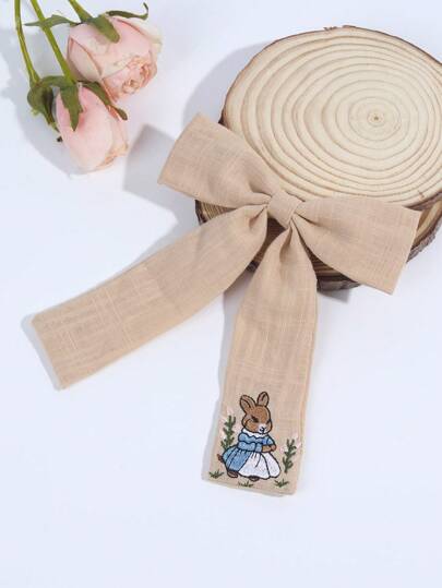 1pc Tecido de linho Laço de cabelo Grampos para crianças Meninas, Bonitos Laços de cabelo bordados de coelho, Grampos de cabelo estilo pastoral, Grampos de jacaré com duas caudas, Acessórios de cabelo para crianças e adolescentes, Adequado para a vida diária, Para o Natal