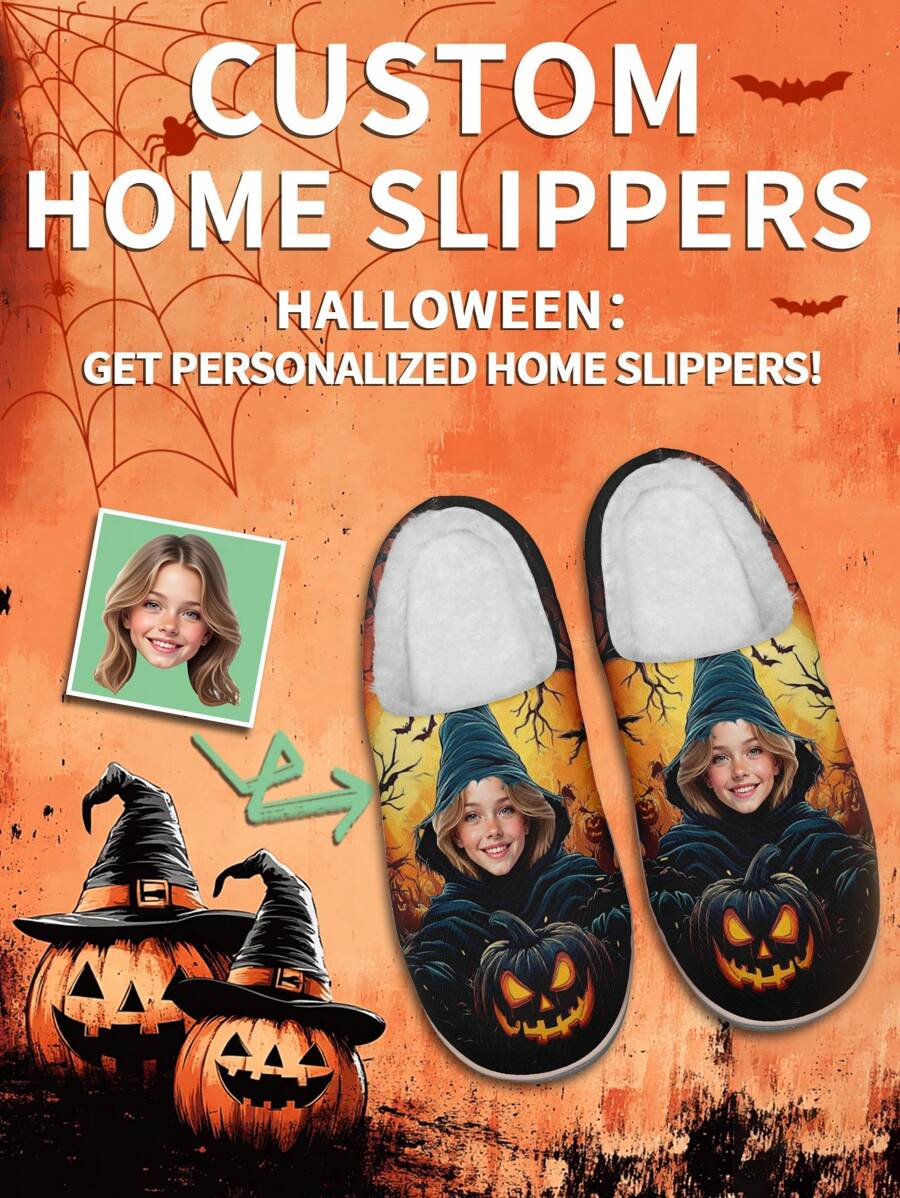 1 Pair Halloween Custom Home Slippers, Personalized Photo Home Slippers, Custom Thick Sole Home Slippers, Personalized Home Slippers, Photo Home Slippers, Personalized Home Slippers For Women And Men, Personalized Home Slippers, Halloween Gift, Funny Gift - White - View 1