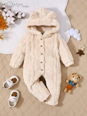 MommBaby Mommbabay Baby Girl Hooded Fleece Jumpsuit, Long Sleeve Rabbit Ear Design, Baby Winter Outfit