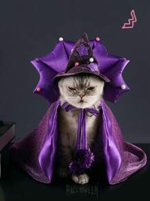 ABLAZE ZAI طقم قبعة ساحرة وكاب من البوليستر، بنمط نجوم بنفسجي، كاب ذو رباط قابل للسحب مناسب لأزياء هالوين للقطط والكلاب قطعة واحدة