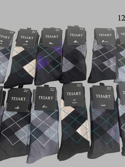 12 pares de calcetas de caballero multicolor diseño de rombos grandes colores lisos