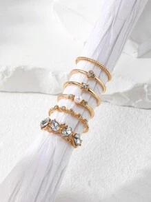 6pcs Diamond Set Pearl Row Diamond Twist Ring For Women's Daily Wear
