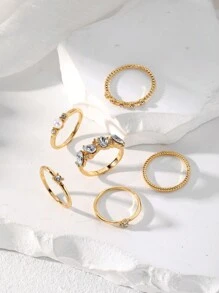 6pcs Diamond Set Pearl Row Diamond Twist Ring For Women's Daily Wear