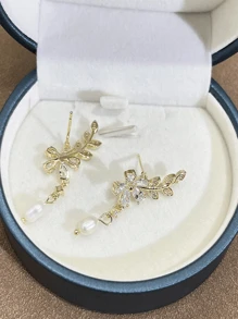 1 对金色/银色水钻麦穗花耳环，仿珍珠耳环，水钻镶嵌麦穗耳环，婚礼新娘珠宝流苏耳环，适合婚礼节日生日派对约会珠宝礼物情人节 - 金色 - 查看 7