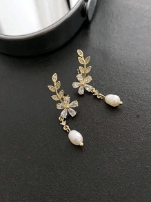 1 对金色/银色水钻麦穗花耳环，仿珍珠耳环，水钻镶嵌麦穗耳环，婚礼新娘珠宝流苏耳环，适合婚礼节日生日派对约会珠宝礼物情人节 - 金色 - 查看 5