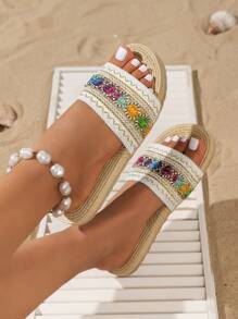 Women's Beige Woven Slide Sandals, Casual Summer Open Toe Flat Beach Slippers