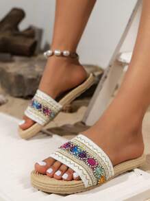 Women's Beige Woven Slide Sandals, Casual Summer Open Toe Flat Beach Slippers