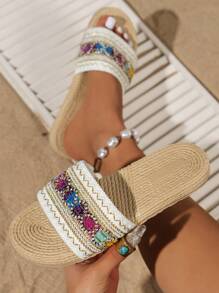 Women's Beige Woven Slide Sandals, Casual Summer Open Toe Flat Beach Slippers