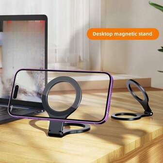 1pc Black Metal Magsafe Magnetic Desktop Stand, Multi-Functional Portable Foldable Phone Holder With Dual Rings Compatible With Apple/Android Smartphones, Live Streaming' Compatible With IPhone, Android Phone, Gift For Birthday, Family, Friends Phone Stand, Phone Accessories
