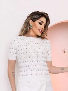 Women's Knitted T-Shirt, Short Sleeve Summer Blouse - 白色 - 查看 2