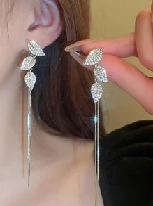 1 件银色优雅水晶装饰叶子设计长流苏吊坠耳环，时尚百搭新娘/婚礼/派对珠宝礼物，适合女性万圣节 - 銀色 - 查看 4