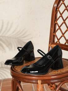 Women's High Heel Pumps, Low Vamp Shoes, Fashion Versatile Mary Jane Shoes, French Style Leather Shoes, Square Toe Chunky Heel Retro French Style Pumps - Black - View 7