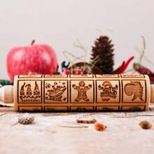 1pc 13.7" Wooden Embossed Rolling Pin With 20 Square Christmas Pattern, Deeply Laser Engraved Wooden Roller, Cookie Stamp Tool For Baking, Pottery, Christmas Santa Claus Bell Rolling Pin Gift, Kitchen Baking Tool Christmas Decorations Christmas Decor Christmas Gifts Christmas Party Supplies Christmas Christmas Decorations Christmas Pajamas Christmas Gifts Christmas Decor
