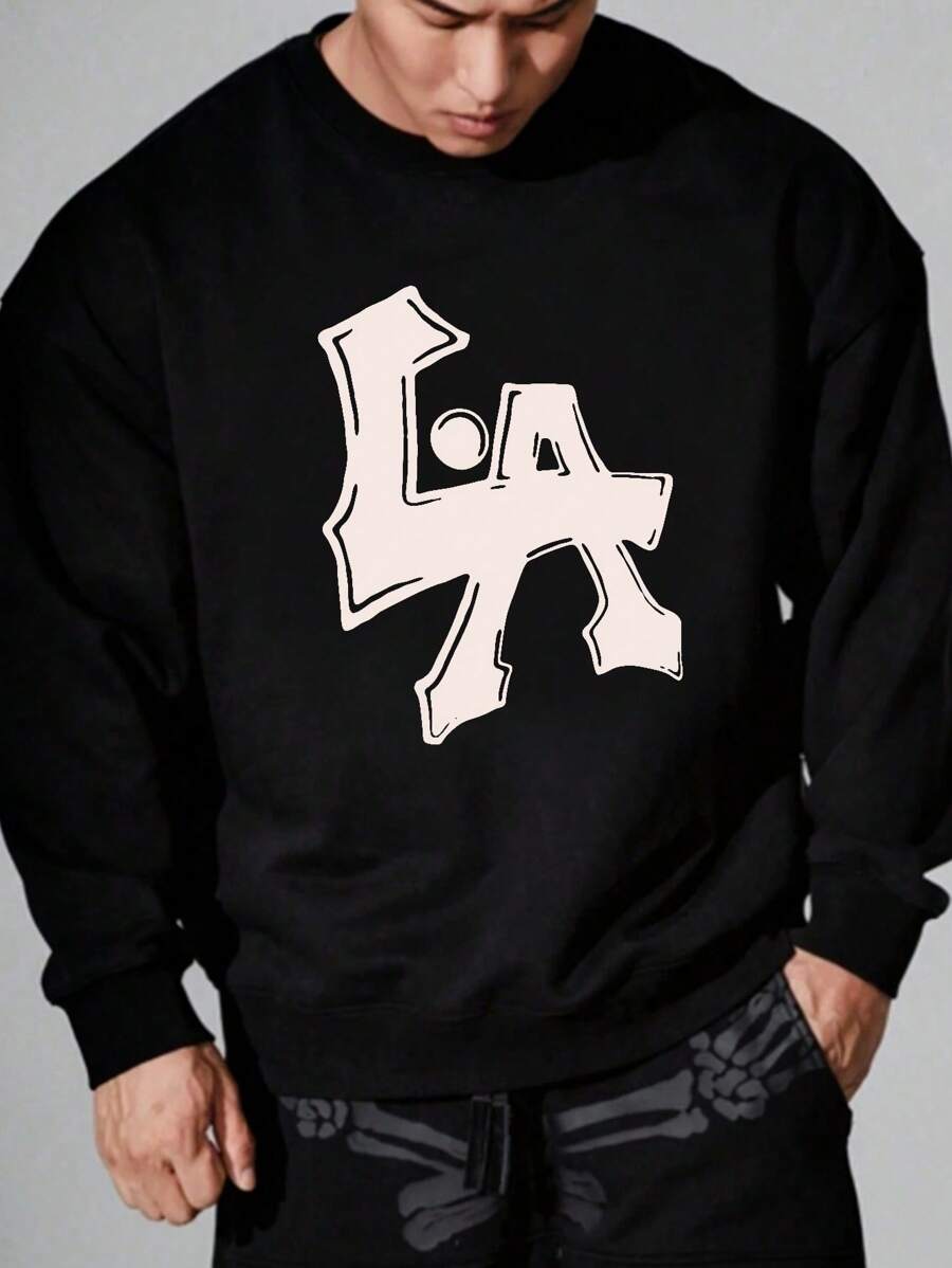 Plus Size Men's Fashionable LA English Letter Print Casual Crew-Neck Sweatshirt - Black - View 1