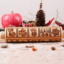 1pc 13.7" Wooden Embossed Rolling Pin With 20 Square Christmas Pattern, Deeply Laser Engraved Wooden Roller, Cookie Stamp Tool For Baking, Pottery, Christmas Santa Claus Bell Rolling Pin Gift, Kitchen Baking Tool Christmas Decorations Christmas Decor Christmas Gifts Christmas Party Supplies Christmas Christmas Decorations Christmas Pajamas Christmas Gifts Christmas Decor