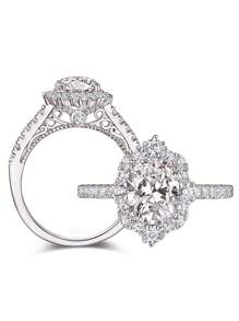 AIHUASI 1 pièce Bague de fiançailles pour femme en argent sterling 925, coupe ovale 7*9mm 2.7 ct AAAAA zircone cubique, halo floral, bijou de mariage fin, cadeau